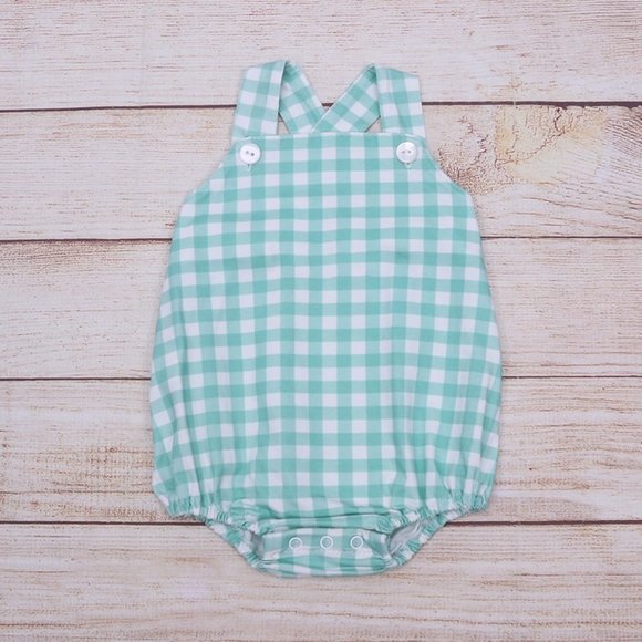 One Pieces Boutique Baby Boys Green Plaid Sleeveless Bubble Romper